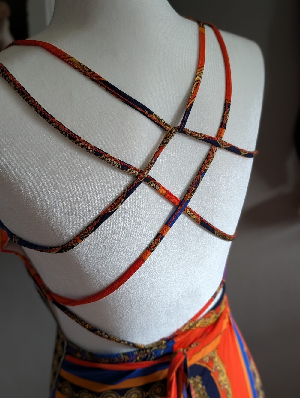Love Nation Baroque Scarf Print Maxi Dress Size Small Orange Blue Strappy Back - Picture 4 of 7